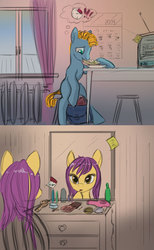 Size: 1610x2611 | Tagged: safe, artist:lunebat, comic:clockwise, clock, colt, comic, female, furniture, kitchen, male, mare, morning, sticky note, tardy, television, window