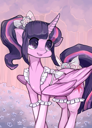 Size: 2076x2888 | Tagged: safe, artist:misukitty, twilight sparkle, alicorn, pony, g4, alternate hairstyle, bow, clothes, female, flower, frilly, happy, high res, ponytail, smiling, solo, stockings, tail bow, thigh highs, tree, twilight sparkle (alicorn)