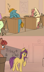 Size: 1610x2611 | Tagged: safe, artist:lunebat, comic:clockwise, chalkboard, classroom, clock, colt, comic, female, furniture, holding, male, mare, reading, sleeping, sleeping in class, table, university, writing, zzz