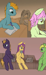 Size: 1610x2611 | Tagged: safe, artist:lunebat, comic:clockwise, classroom, colt, comic, drinking, female, furniture, male, mare, table, tardy, university, writing