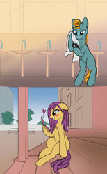 Size: 1610x2611 | Tagged: safe, artist:lunebat, comic:clockwise, blushing, colt, comic, female, love, male, mare, mirror, phone, sitting, staircase, stairs, university