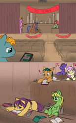 Size: 1610x2611 | Tagged: safe, artist:lunebat, comic:clockwise, bored, classroom, colt, comic, eyes on the prize, female, furniture, lecture, male, mare, musical instrument, phone, repetition, table, university