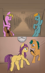 Size: 1610x2611 | Tagged: safe, artist:lunebat, comic:clockwise, classroom, clock, colt, comic, female, furniture, male, mare, musical instrument, phone, sitting, table, university