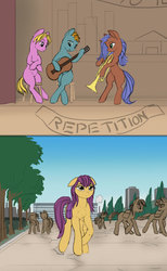 Size: 1610x2611 | Tagged: safe, artist:lunebat, comic:clockwise, colt, comic, female, male, mare, musical instrument, sitting, tired, trumpet, university