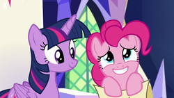 Size: 1280x720 | Tagged: safe, screencap, pinkie pie, twilight sparkle, alicorn, earth pony, pony, g4, not asking for trouble, cute, diapinkes, female, mare, scroll, smiling, twilight sparkle (alicorn), twilight's castle