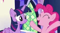 Size: 1280x720 | Tagged: safe, screencap, pinkie pie, twilight sparkle, alicorn, earth pony, pony, not asking for trouble, cute, diapinkes, eyes closed, female, happy, mare, open mouth, scroll, smiling, twilight sparkle (alicorn)