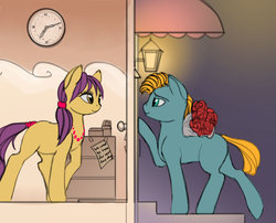 Size: 1610x1298 | Tagged: safe, artist:lunebat, comic:clockwise, clock, colt, comic, door, evening, female, flower, furniture, lamp, love, loving gaze, male, mare, note, stairs