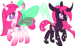 Size: 900x563 | Tagged: safe, artist:sakuyamon, oc, oc only, changedling, changeling, adoptable, duality, pink, pink changeling, simple background, transparent background, watermark
