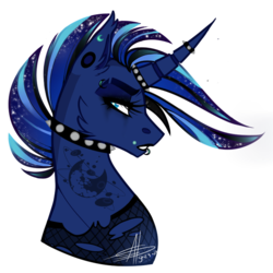 Size: 726x726 | Tagged: safe, artist:shimmering--sunlight, princess luna, alicorn, pony, g4, alternate hairstyle, bust, cheek fluff, choker, clothes, ear fluff, eyebrow piercing, female, frown, horn, horn ring, lip piercing, makeup, mare, piercing, portrait, profile, punk, signature, simple background, solo, spiked choker, tattoo, torn clothes, transparent background