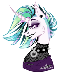 Size: 585x711 | Tagged: safe, artist:shimmering--sunlight, princess celestia, alicorn, pony, g4, alternate hairstyle, black lipstick, cheek fluff, choker, clothes, curved horn, ear fluff, ear piercing, eyeliner, female, grin, horn, lipstick, makeup, mare, piercing, profile, punk, punklestia, signature, simple background, smiling, solo, spiked choker, torn clothes, transparent background