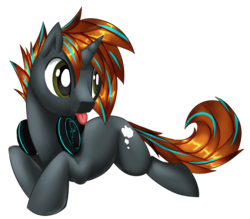 Size: 1080x948 | Tagged: safe, artist:alanymph, oc, oc only, oc:thinker, pegasus, pony, headphones, male, prone, simple background, solo, stallion, tongue out, transparent background