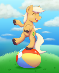 Size: 800x1000 | Tagged: safe, artist:empyu, pony, adventure time, balancing, ball, cartoon network, cute, eyes closed, happy, james baxter, james baxter the horse, male, open mouth, ponified, silly, silly pony, solo