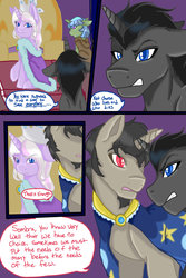 Size: 1024x1536 | Tagged: safe, artist:jeyjeymohr, clover the clever, king sombra, princess platinum, star swirl the bearded, pony, unicorn, comic:crownless, g4, cloak, clothes, comic, dialogue, throne