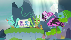 Size: 1280x720 | Tagged: safe, screencap, arista, cornicle, starlight glimmer, trixie, changedling, changeling, flamingo, g4, to change a changeling, disguise, disguised changeling, not thorax