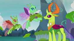 Size: 1280x720 | Tagged: safe, arista, frenulum (g4), thorax, changedling, changeling, g4, to change a changeling, flying, king thorax, male, smiling