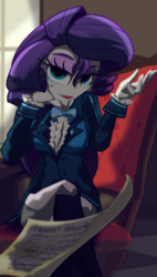 Size: 1700x3000 | Tagged: safe, artist:geraritydevillefort, rarity, the count of monte rainbow, equestria girls, g4, chair, clothes, crossover, female, mole, paper, rarifort, solo, the count of monte cristo, villefort