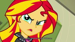 Size: 1511x850 | Tagged: safe, edit, edited screencap, screencap, sunset shimmer, equestria girls, g4, it makes sense in context, neo yokio, quote, toblerone