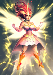 Size: 990x1400 | Tagged: safe, artist:bakki, sunset shimmer, equestria girls, g4, big breasts, breasts, busty sunset shimmer, cleavage, clothes, commission, daydream shimmer, dragon ball, dragon ball z, dress, electricity, female, horn, muscles, open mouth, solo, sunset lifter, super saiyan, super saiyan 2