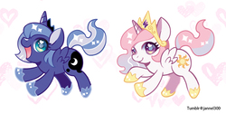 Size: 1000x505 | Tagged: safe, artist:jannel300, princess celestia, princess luna, alicorn, pony, cewestia, cute, cutelestia, female, filly, filly celestia, filly luna, heart, heart eyes, jewelry, looking at you, lunabetes, regalia, s1 luna, simple background, smiling, white background, wingding eyes, woona, younger