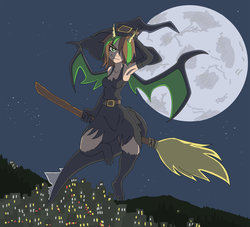 Size: 900x818 | Tagged: safe, artist:buzzbucket, oc, oc only, oc:blare, satyr, broom, city, clothes, evening gloves, flying, flying broomstick, full moon, gloves, hair over one eye, long gloves, looking at you, moon, night, night sky, offspring, parent:baff, sky, smiling, smirk, solo, stars, witch
