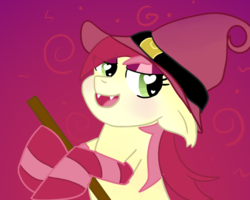 Size: 1000x800 | Tagged: safe, artist:kiwiscribbles, roseluck, g4, broom, clothes, fangs, flying, flying broomstick, halloween, hat, heart eyes, holiday, socks, striped socks, wingding eyes, witch, witch hat