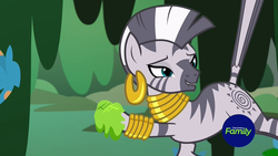 Size: 1920x1080 | Tagged: safe, screencap, zecora, zebra, a health of information, g4, balancing, bracelet, criss cross moss, ear piercing, earring, female, jewelry, lidded eyes, lip bite, looking back, mare, moss, necklace, out of context, piercing, raised hoof, raised leg, raised tail, smiling, solo, strategically covered, swamp fever plant, tail