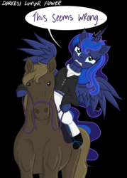 Size: 3445x4823 | Tagged: safe, artist:darkest-lunar-flower, princess luna, alicorn, horse, pony, g4, black background, bridle, clothes, equestrian, female, frown, furry confusion, gritted teeth, hoof hold, horse-pony interaction, looking at you, mare, ponies riding horses, reins, riding, simple background, spread wings, tack, wings, worried