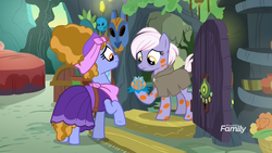 Size: 1920x1080 | Tagged: safe, screencap, burning passion, lilac meadow, earth pony, pony, a health of information, g4, background pony, cloak, clothes, door, dress, duo, female, flower, headscarf, mare, meadowbrook's home, scarf, sick, spots, swamp fever, swamp fever plant