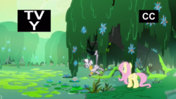 Size: 1920x1080 | Tagged: safe, screencap, fluttershy, zecora, pegasus, pony, zebra, a health of information, g4, butt, criss cross moss, everfree forest, female, hanging, mare, plot, prehensile tail, swamp, swamp fever plant, tail, tail pull, tv-y