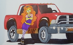 Size: 2874x1756 | Tagged: safe, artist:missmayaleanne, adagio dazzle, equestria girls, g4, boots, breasts, busty adagio dazzle, car, clothes, crossed arms, dodge ram, female, high heel boots, leggings, looking away, pickup truck, pun, shoes, simple background, solo, traditional art, truck