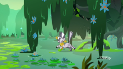 Size: 1920x1080 | Tagged: safe, screencap, zecora, zebra, a health of information, g4, ear piercing, earring, everfree forest, falling, female, jewelry, mare, piercing, solo, swamp, swamp fever plant, water, wide eyes