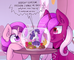 Size: 4212x3421 | Tagged: safe, alternate version, artist:dsp2003, rarity, oc, oc:burning passion, oc:gemstone, pony, seapony (g4), unicorn, g4, my little pony: the movie, blue mane, blue tail, blushing, bubble, colt, comic, coral, crepuscular rays, dorsal fin, ear fluff, female, filly, fin, fish tail, fishbowl, flowing mane, flowing tail, horn, male, mare, marshmelodrama, micro, open mouth, rarifish, seaponified, seapony rarity, seaweed, single panel, species swap, tail, transformation, underwater, water