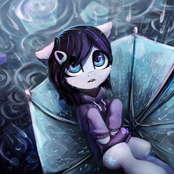 Size: 1000x1000 | Tagged: safe, artist:inowiseei, oc, oc only, oc:rainfall bloom, earth pony, pony, clothes, commission, cute, female, hoodie, mare, on back, open mouth, rain, solo, umbrella, wet, wet mane