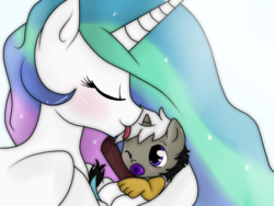 Size: 640x480 | Tagged: safe, artist:hikariviny, princess celestia, oc, oc:chaotic, hybrid, g4, cradling, cute, diaper, eyes closed, female, interspecies offspring, licking, like mother like son, like parent like child, loving mother, male, momlestia, mother and son, motherly, motherly love, nuzzling, offspring, one eye closed, pacifier, parent:discord, parent:princess celestia, parents:dislestia, smiling, tongue out, wink
