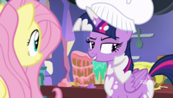 Size: 1920x1080 | Tagged: safe, screencap, fluttershy, twilight sparkle, alicorn, pony, a health of information, g4, bedroom eyes, chef's hat, cooking, hat, smiling, twilight sparkle (alicorn)