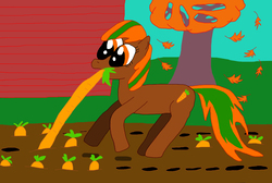 Size: 3402x2292 | Tagged: safe, artist:sb1991, oc, oc only, oc:carrot root, pony, autumn, big eyes, carrot, food, garden, high res, leaves, problem, pulling, story included, tree