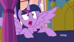 Size: 1920x1080 | Tagged: safe, screencap, twilight sparkle, alicorn, pony, a health of information, g4, bed, cute, discovery family logo, female, gasp, invisible stallion, open mouth, solo, surprised, twilight sparkle (alicorn), wings