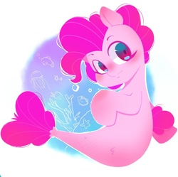 Size: 906x901 | Tagged: safe, artist:koto, pinkie pie, jellyfish, seapony (g4), g4, my little pony: the movie, blushing, bubble, coral, cute, digital art, dorsal fin, female, fin, flowing mane, flowing tail, mare, ocean, seaponified, seapony pinkie pie, smiling, solo, species swap, tail, underwater, water