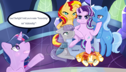 Size: 1024x585 | Tagged: safe, artist:kingkero, maud pie, starlight glimmer, sunburst, sunset shimmer, trixie, twilight sparkle, alicorn, earth pony, pony, unicorn, g4, bisexual, blushing, counterparts, dialogue, don't take it seriously, eyes closed, female, femdom, friends with benefits, glasses, grammar error, harem, lesbian, lucky bitch, male, mare, misspelling, obtrusive watermark, polyamory, quote, raised hoof, sad, seductive, ship:shimmerglimmer, ship:starburst, ship:startrix, shipping, sitting, speech bubble, stallion, standing, starlight glimmer gets all the mares, starlight glimmer gets all the stallions, starmaud, straight, sunburst abuse, talking, trampling, twilight's castle, twilight's counterparts, watermark