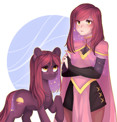 Size: 1400x1450 | Tagged: safe, artist:yanshiki, oc, oc only, oc:tanya, earth pony, human, pony, cape, clothes, commission, crossed arms, dress, female, humanized, humanized oc, mare, raised hoof, self ponidox, solo, starry hair, ych result