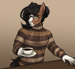 Size: 3252x3000 | Tagged: safe, artist:askbubblelee, oc, oc only, oc:walter nutt, earth pony, anthro, anthro oc, clothes, cup, glasses, high res, looking at you, male, plate, solo, stallion, striped sweater, sweater