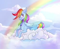Size: 5921x4752 | Tagged: safe, artist:erinartista, rainbow dash, pegasus, pony, g4, absurd resolution, chest fluff, cloud, cloudy, female, mare, prone, rainbow, smiling, solo, wavy mouth