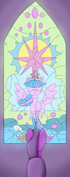 Size: 2000x5000 | Tagged: safe, artist:vicakukac200, twilight sparkle, alicorn, pony, g4, eyes closed, female, rear view, smiling, solo, stained glass, twilight sparkle (alicorn)