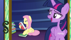 Size: 1920x1080 | Tagged: safe, screencap, fluttershy, twilight sparkle, alicorn, pony, a health of information, g4, book, discovery family logo, duo, hoof hold, reading, squint, twilight sparkle (alicorn)