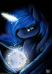 Size: 1024x1448 | Tagged: safe, artist:julunis14, princess luna, alicorn, pony, g4, feather, female, full moon, glowing horn, horn, macro, magic, mare, moon, solo, tangible heavenly object