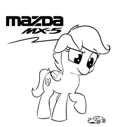 Size: 1200x1200 | Tagged: safe, artist:wenni, scootaloo, pony, g4, black and white, car, confused, female, filly, grayscale, mazda mx5, monochrome, raised hoof, simple background, sketch, solo, white background