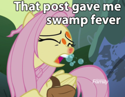 Size: 700x540 | Tagged: safe, edit, edited screencap, screencap, fluttershy, pegasus, pony, a health of information, g4, caption, coughing, discovery family logo, female, image macro, meme, saddle bag, solo, swamp fever, text, that post gave me cancer