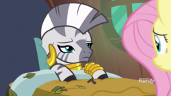 Size: 1920x1080 | Tagged: safe, screencap, fluttershy, zecora, pegasus, pony, zebra, a health of information, g4, bed, discovery family logo, leaves, sick, zecora's hut