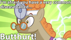 Size: 960x540 | Tagged: safe, screencap, doctor muffin top, earth pony, pony, a health of information, g4, butthurt, caption, diagnosis, image macro, lightning, male, meme, solo, stallion, wide eyes