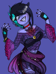 Size: 571x758 | Tagged: safe, artist:anonymoustrollf4c3, oc, oc only, oc:moonshine twinkle, human, alicorn amulet, belly button, blue background, bracelet, choker, clothes, crazy face, ear piercing, earring, faic, female, fingerless gloves, fishnet clothing, gloves, insanity, jewelry, lipstick, makeup, midriff, nail polish, necklace, piercing, simple background, solo